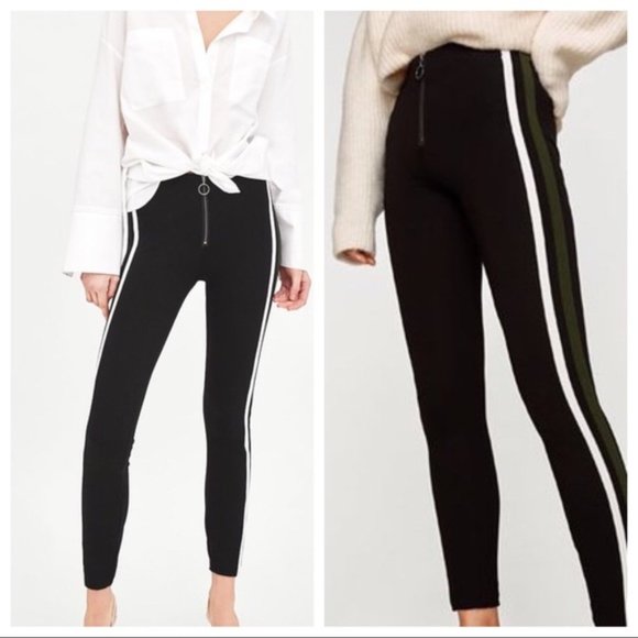 Zara Pants - Zara Trafaluc Black Pants w/ Green & White Stripe